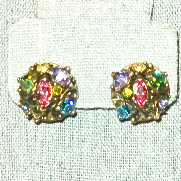 Hollycraft Signed VTG 1953 Multicolored Pastel Rhinestone Screw Back Earrings - Picture 3 of 12